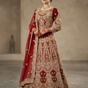 Maroon chiffon bridal lehenga with heavy jewellery material handwork by AL Hassan Lehnga House