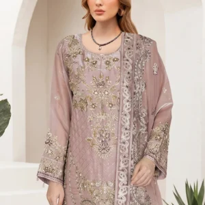 Close-up details of gold and silver zari embroidery on Remsha WB-624 dusty pink shirt
