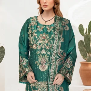 Ramsha WC-624 neckline and shirt front intricate thread and sequin embroidery close-up view