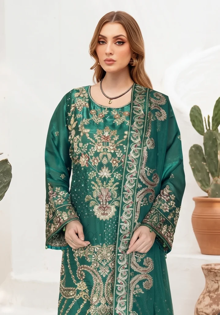 Ramsha WC-624 Emerald Green Embroidered 3-Piece Silk Suit