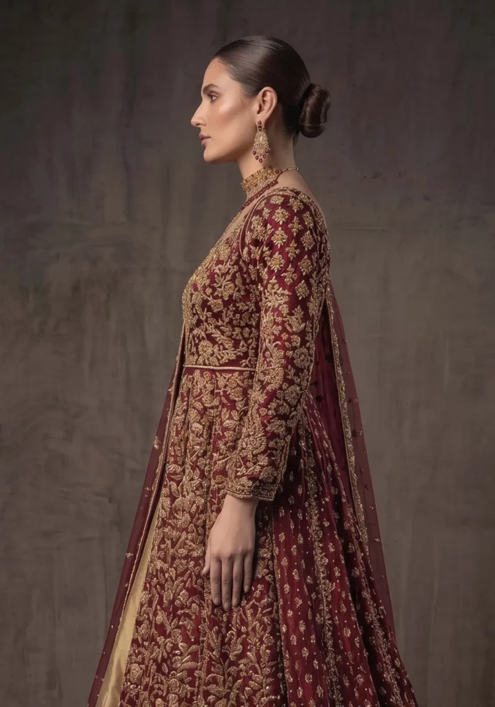 Zayna Maroon Silk Open Gown Set | AL Hassan Lehnga House