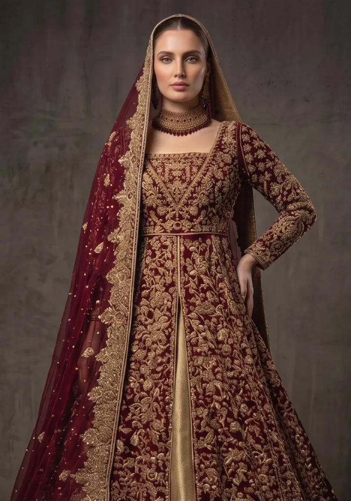 Zayna Maroon Silk Open Gown Set | AL Hassan Lehnga House