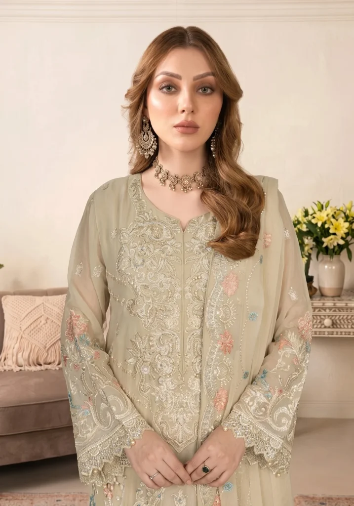 Remsha WA-618 | Luxury Pale Sage Beige Resham & Sequin Chiffon Suit