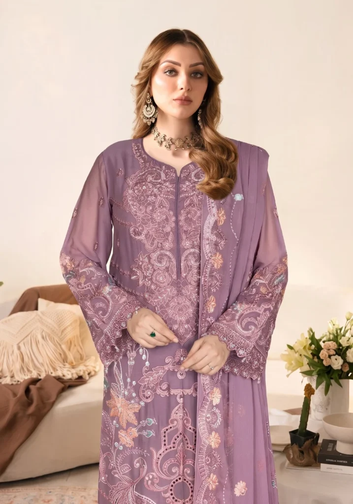 Remsha WB-618 | Luxury Dusty Lavender Resham & Sequin Chiffon Suit