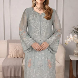 Close-up of the intricate resham thread-work, peach floral motifs, and sequin embroidery on the bodice of the Remsha WC-618 dusty blue dress.