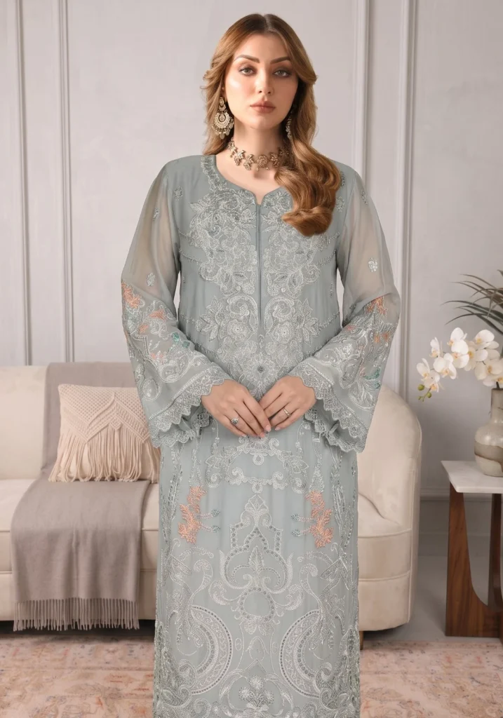 Remsha WC-618 | Luxury Dusty Blue Thread & Sequin Chiffon Suit