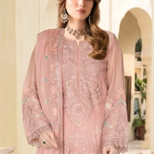 Close-up of the intricate resham thread-work, contrast peach and teal floral motifs, and sequin embroidery on the bodice of the Remsha WD-618 dusty pink dress.