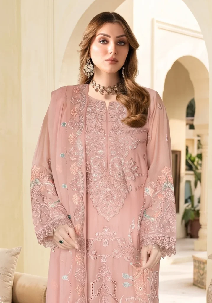Remsha WD-618 | Luxury Dusty Pink Thread & Sequin Chiffon Suit