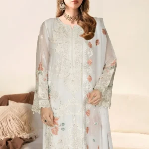 Close-up of the intricate resham thread-work, contrast peach and teal floral motifs, pearl-detailed sleeves, and sequin embroidery on the bodice of the Remsha WE-618 ice blue dress.