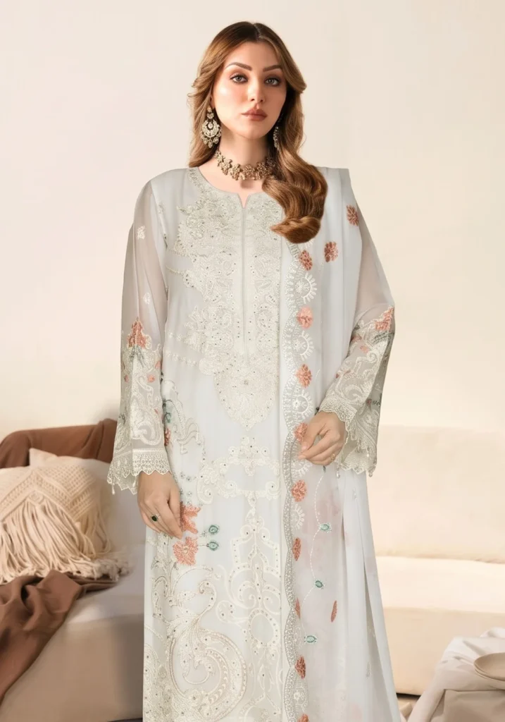 Remsha WE-618 | Luxury Pale Ice Blue Resham & Sequin Chiffon Suit