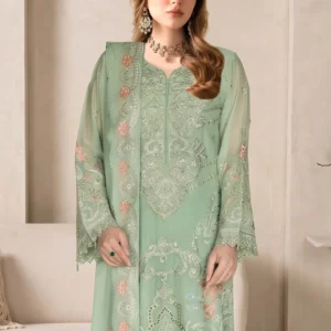 Close-up of the intricate resham thread-work, contrast peach and teal floral motifs, pearl-detailed sleeves, and sequin embroidery on the bodice of the Remsha WF-618 mint green dress.