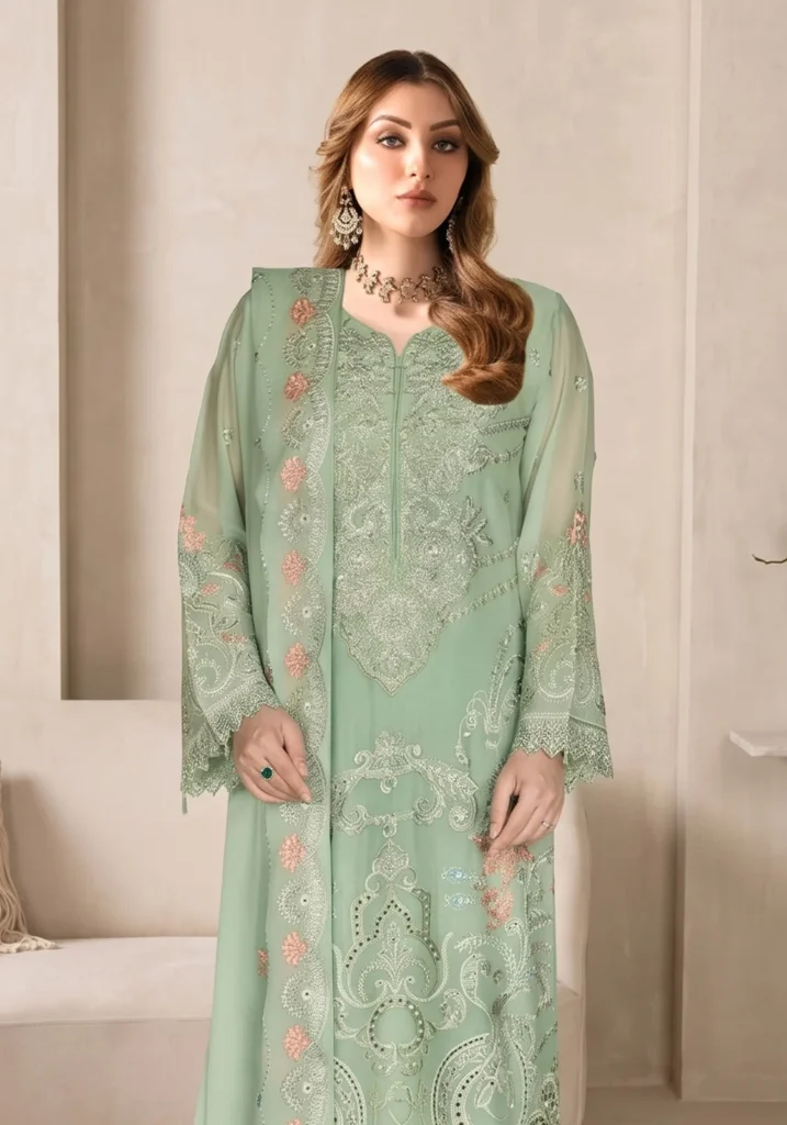 Remsha WF-618 | Luxury Mint Green Resham & Sequin Chiffon Suit