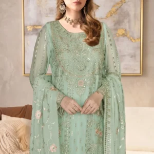 Close-up detail of neckline and sequin embroidery on Remsha WA-629 mint green dress.