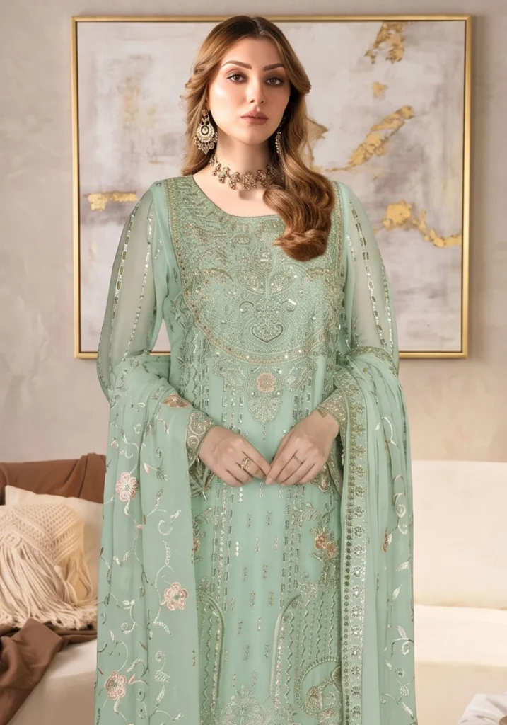 Remsha WA-629 | Luxury Mint Green Embroidered Chiffon Suit