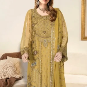 Close-up of the intricate gold and silver neckline and bodice embroidery on the Remsha WB-629 olive green chiffon dress.