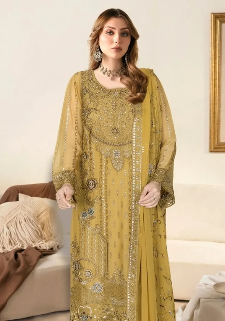 Remsha WB-629 | Luxury Olive Green Embroidered Chiffon Suit