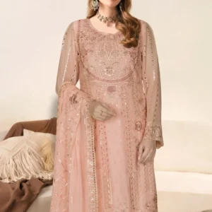 Close-up of the intricate resham thread-work and sequin embroidery on the neckline of the Remsha WD-629 peach pink dress.