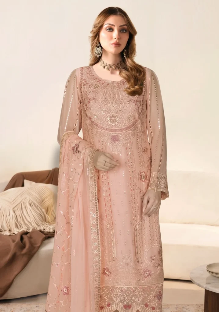 Remsha WD-629 | Luxury Peach Pink Resham & Sequin Chiffon Suit