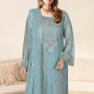 Close-up of the intricate resham thread-work and silver sequin embroidery on the bodice of the Remsha WC-629 powder blue dress.