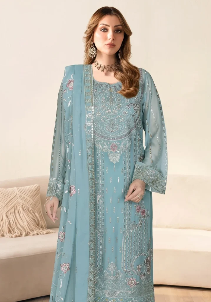 Remsha WC-629 | Luxury Powder Blue Resham & Sequin Chiffon Suit