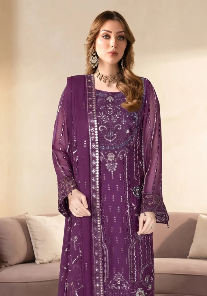 Remsha WE-629 | Luxury Deep Purple Resham & Sequin Chiffon Suit