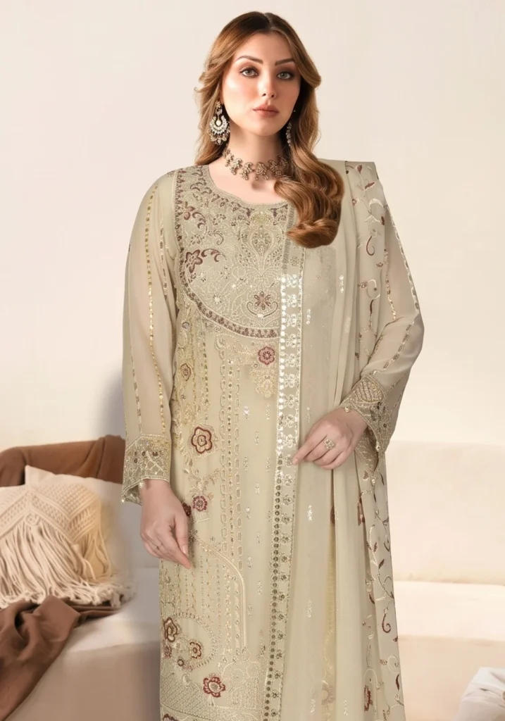 Remsha WF-629 | Luxury Cream Resham & Sequin Chiffon Suit