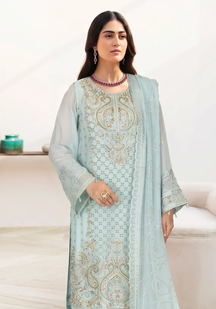 Remsha WA-650 | Luxury Icy Blue Thread & Sequin Chiffon Suit