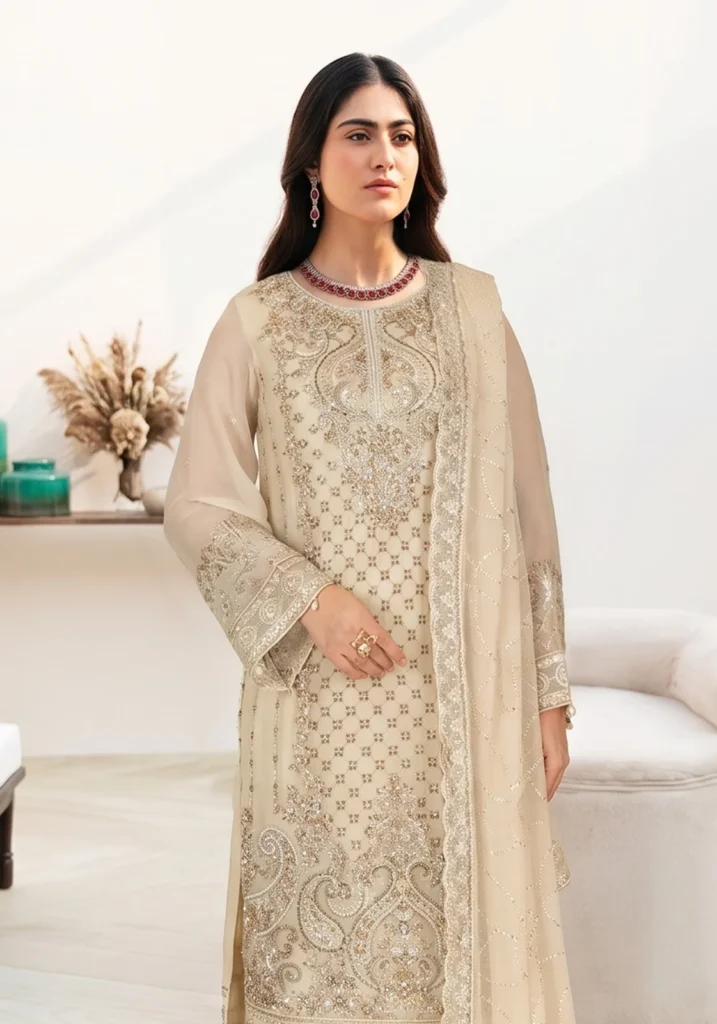 Remsha WB-650 | Luxury Champagne Beige Thread & Sequin Chiffon Suit