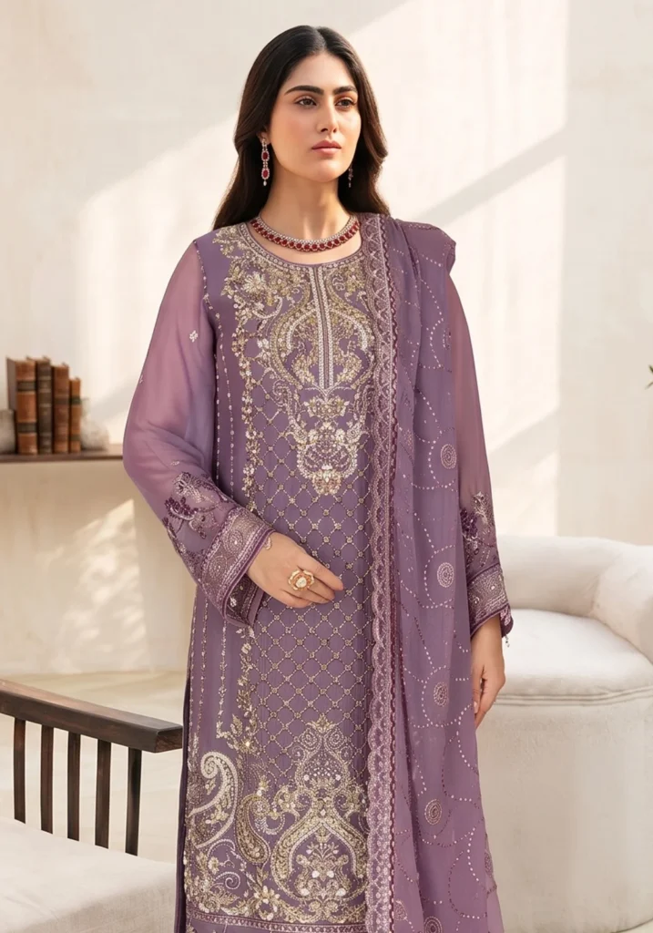 Remsha WC-650 | Luxury Dusty Purple Thread & Sequin Chiffon Suit