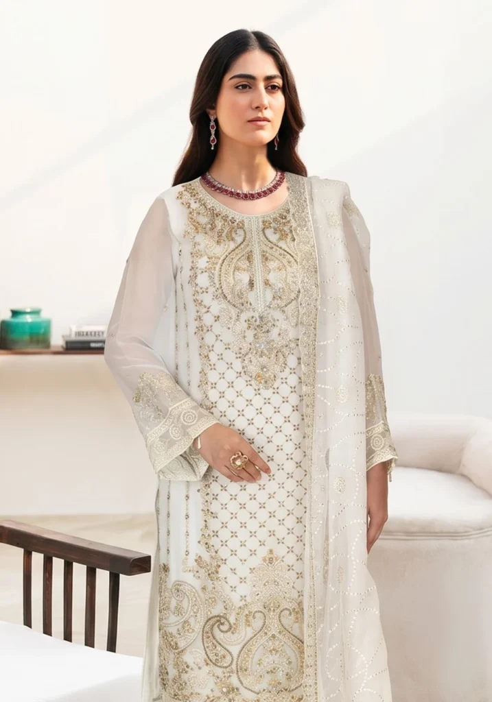 Remsha WD-650 | Luxury White & Gold Thread Chiffon Suit