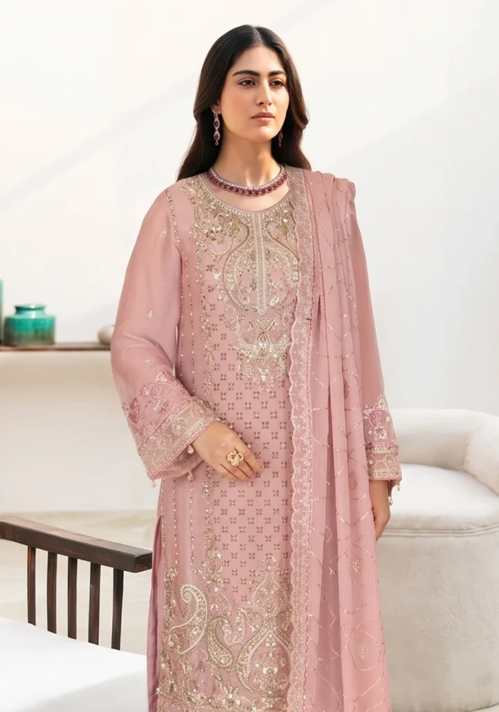 Remsha WE-650 | Luxury Tea Pink Thread & Sequin Chiffon Suit