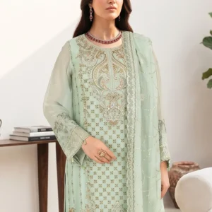 Close-up of the intricate gold thread-work, geometric lattice pattern, and sequin embroidery on the bodice of the Remsha WF-650 mint green dress.