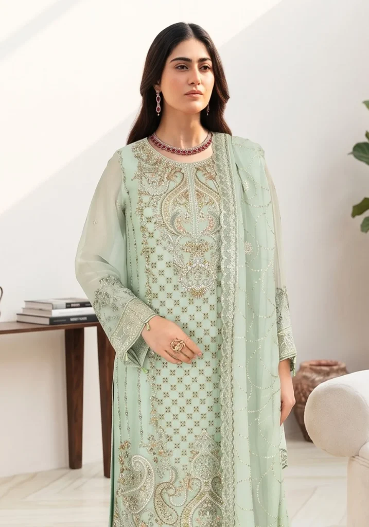 Remsha WF-650 | Luxury Mint Green Thread & Sequin Chiffon Suit