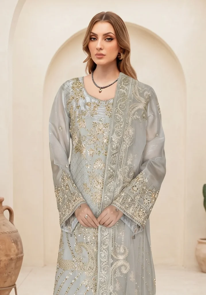 Remsha WD-624 | Luxury Silvery Ice Blue Resham & Sequin Suit