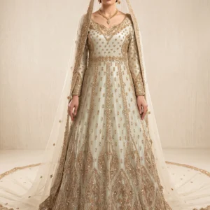 Front view of peach bridal maxi with jewelry material work and net fabric