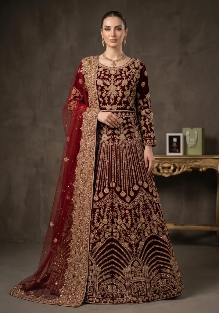 Maroon Velvet Lehenga With Jewellery Material | Al Hassan Lehnga Pakistan