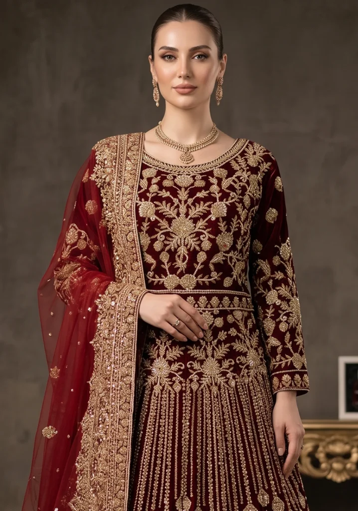 Maroon Velvet Lehenga With Jewellery Material | Al Hassan Lehnga Pakistan