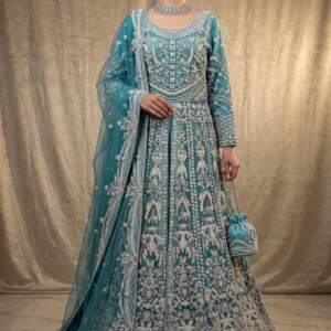 Front view of aqua blue double flare maxi with jewelry material handwork by AL Hassan Lehnga House