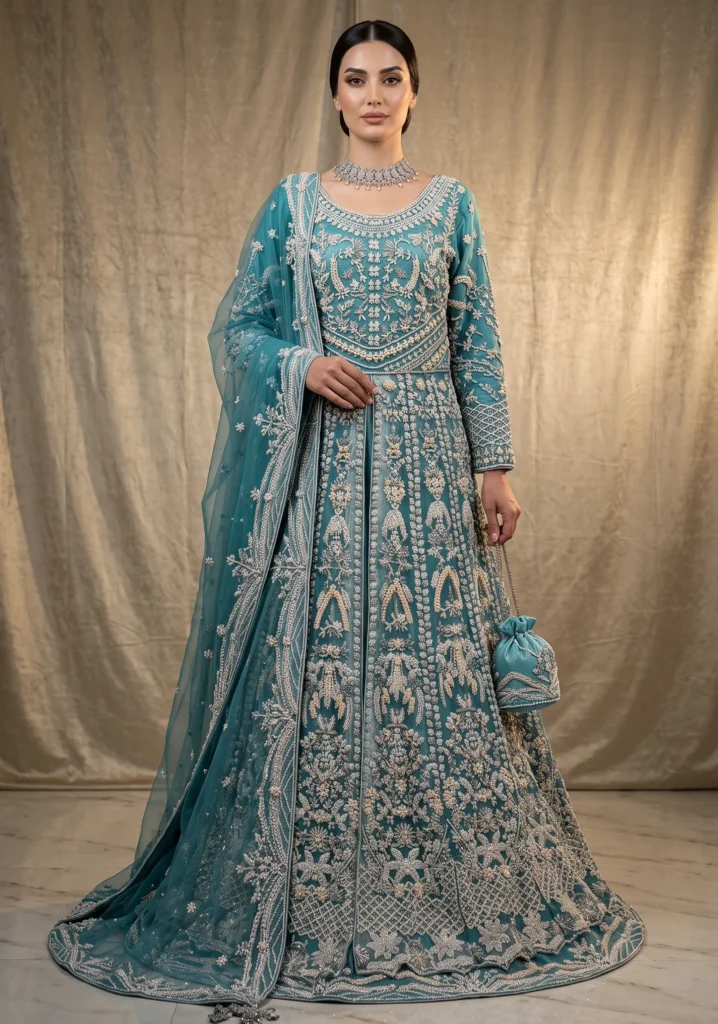 Dariya Aqua Blue Double Flare Maxi | AL Hassan Lehnga House