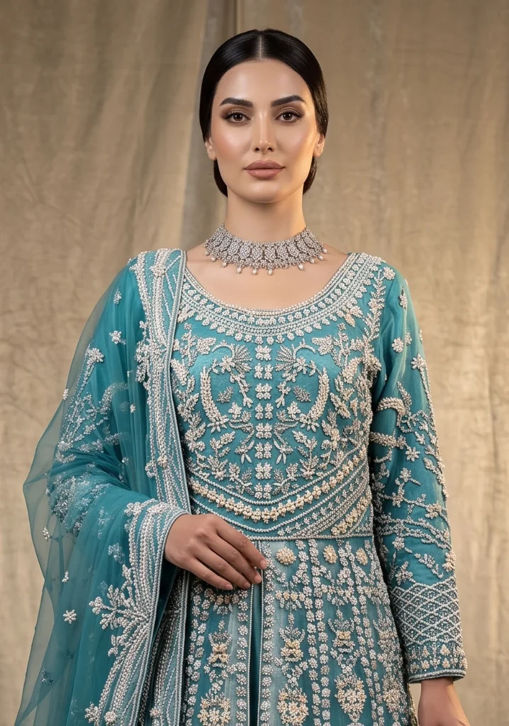 Dariya Aqua Blue Double Flare Maxi | AL Hassan Lehnga House