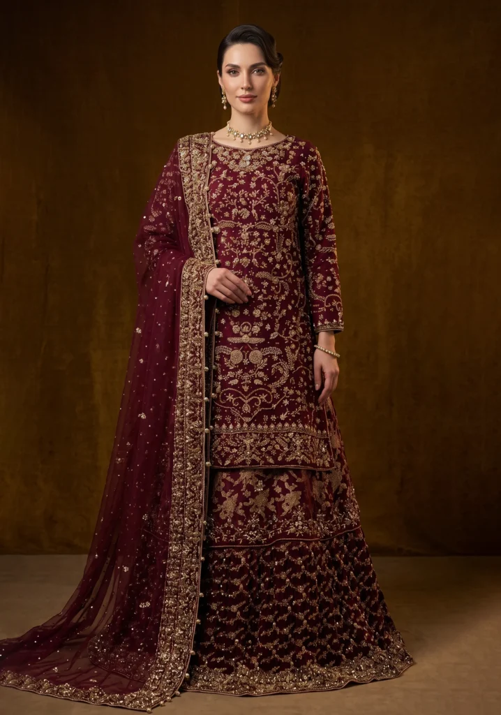 Dastaan Burgundy Tail Lehenga | AL Hassan Lehnga House