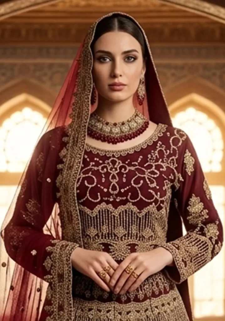 Dark Maroon Net Lehnga With Jewellery Material & Khatan Silk | Al Hassan Lehnga | Pakistan