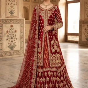 Front view of a red bridal lehenga with jewelry material work by AL Hassan Lehnga House