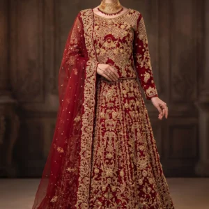 Maroon net lehnga featuring jewellery material work, silk base, and 4-side border net dupatta