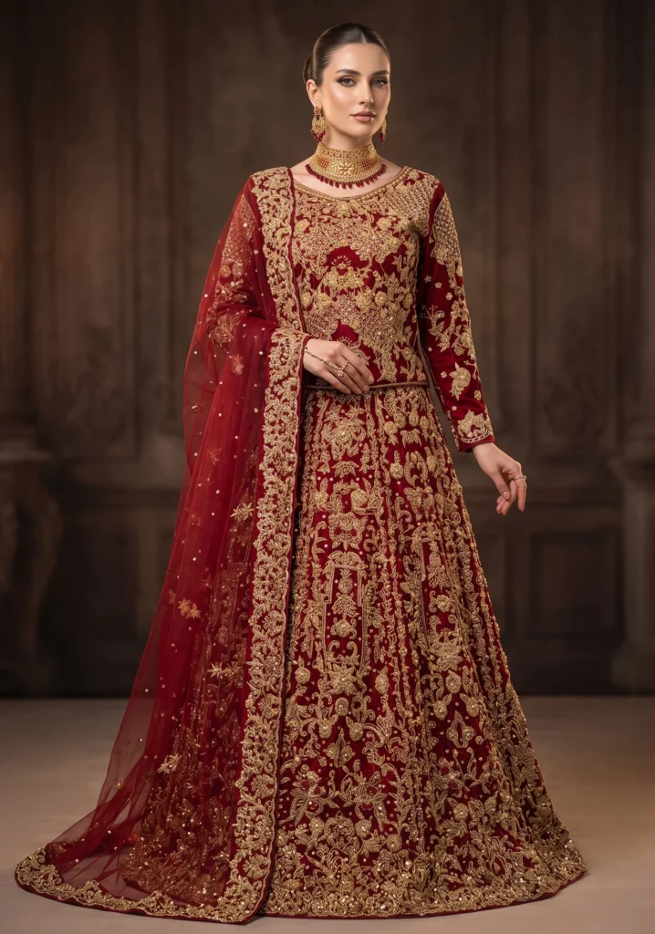 Maroon Net Lehnga With Jewellery Material & Silk | Al Hassan Lehnga | Pakistan