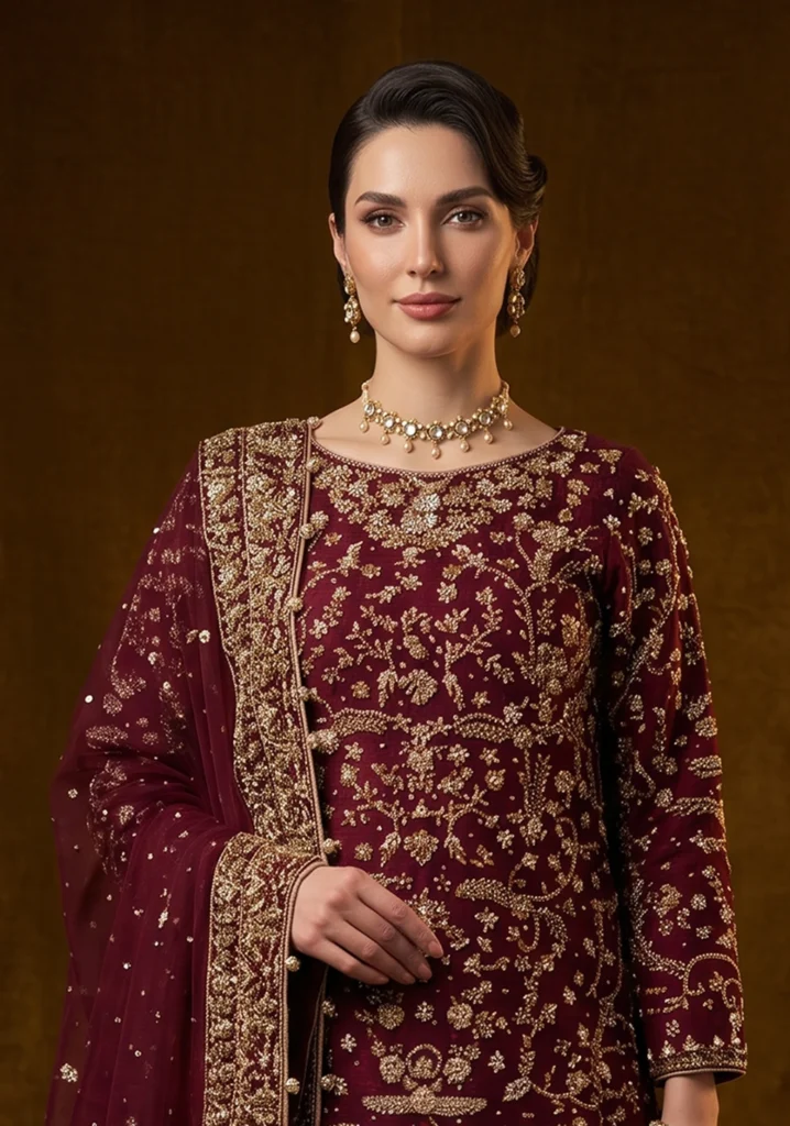 Dastaan Burgundy Tail Lehenga | AL Hassan Lehnga House
