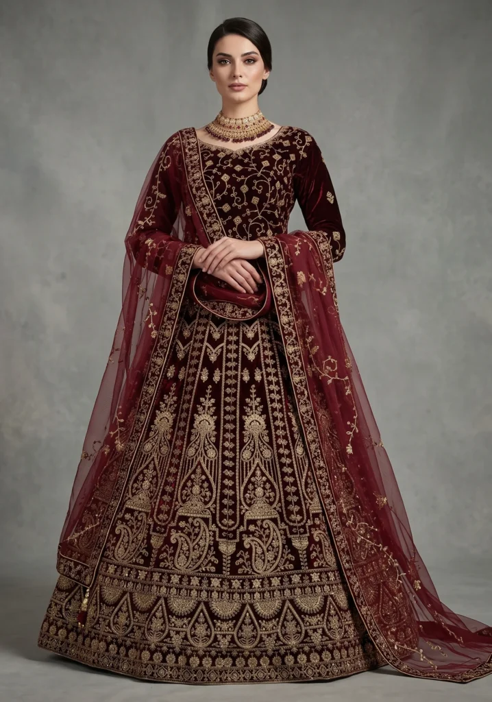 Heer Maroon Velvet Bridal Lehnga | AL Hassan Lehnga House