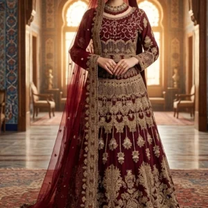 Dark maroon net lehnga with jewellery material work and khatan silk base.