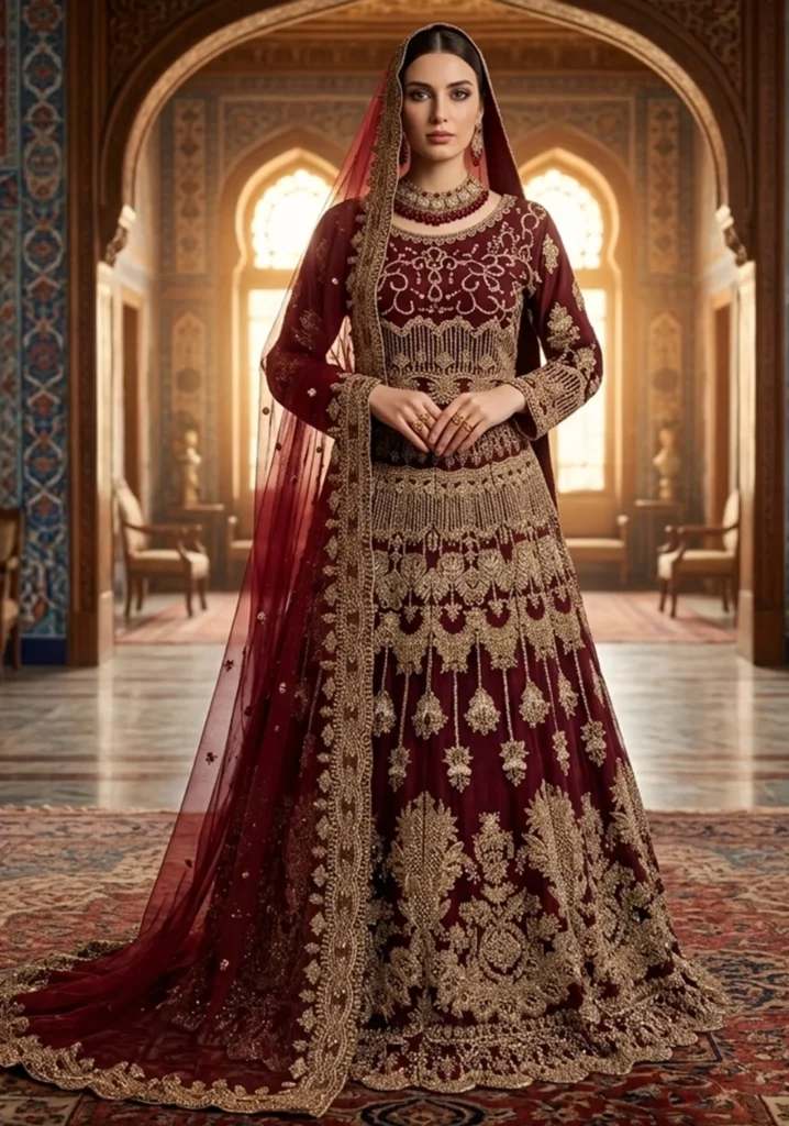 Dark Maroon Net Lehnga With Jewellery Material & Khatan Silk | Al Hassan Lehnga | Pakistan