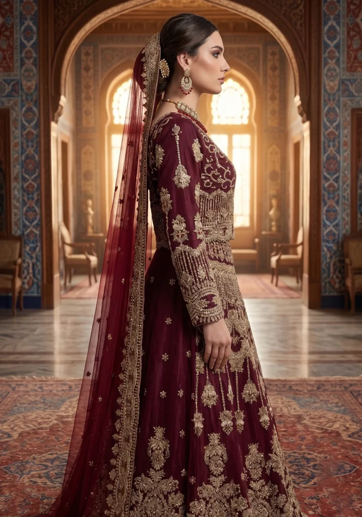 Dark Maroon Net Lehnga With Jewellery Material & Khatan Silk | Al Hassan Lehnga | Pakistan